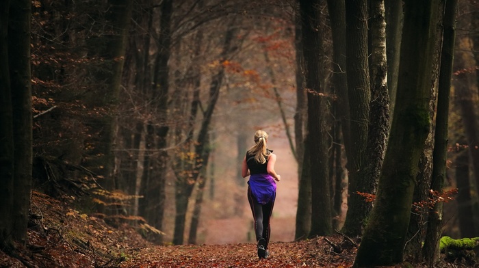 forest, running, girl, sports