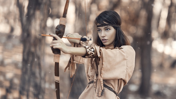 girl, photography, bow and arrow, Native American clothing