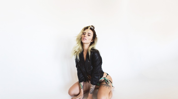 girl, blonde, bikini, tattoos, white background, holding knees, Alysha Nett