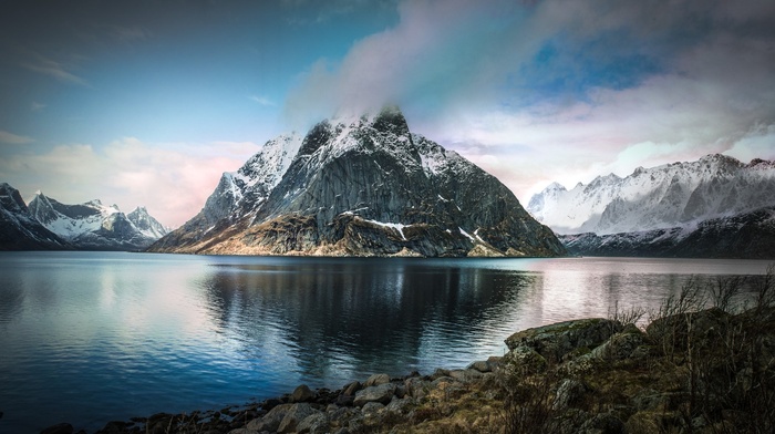 sea, lake, snowy peak, landscape, clouds, nature, Arctic, Norway, fjord, blue, water, mountain, spring