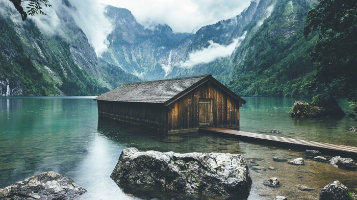 boathouses, mountain, forest, landscape, lake, Germany, nature, clouds