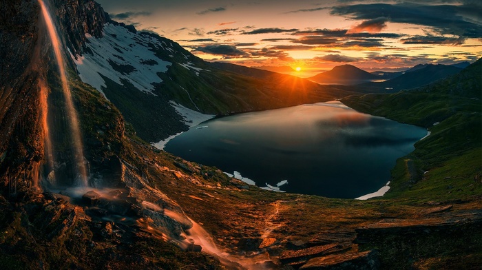 landscape, lake, grass, nature, waterfall, sky, sunset, clouds, mountain, snow