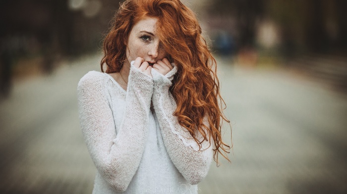 redhead, freckles, girl, looking at viewer