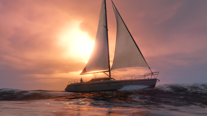 Grand Theft Auto V, boat, sea, sunset