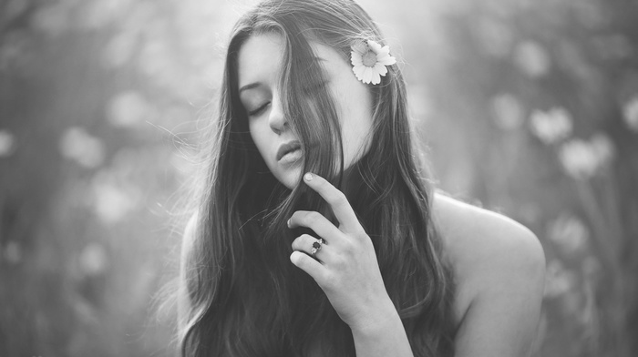 brunette, model, flowers, spring, girl, girl outdoors, nature, closed eyes, windy, rings, long hair, monochrome, open mouth, bare shoulders, portrait, face, depth of field, hair in face, flower in hair