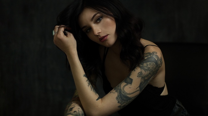 Black clothes, simple background, portrait, tattoo, girl, face