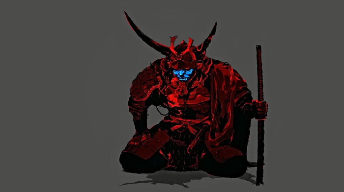 minimalism, mask, red, samurai, blue