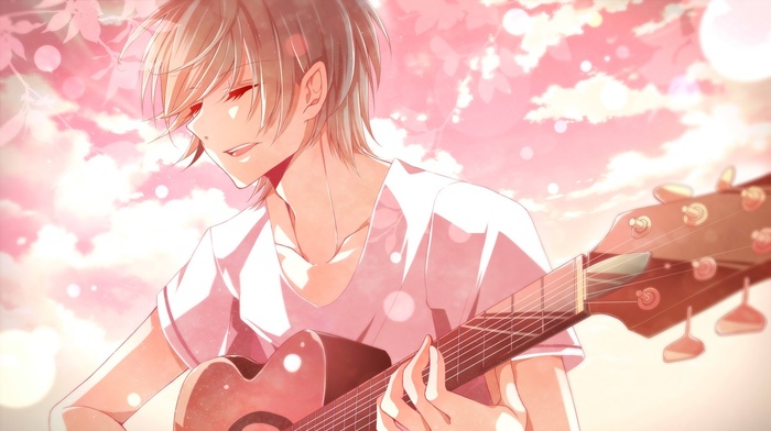 anime boys, guitar, musical instrument, closed eyes, short hair