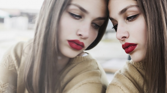 girl, model, mirrored, red lipstick