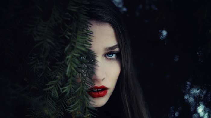 red lipstick, face, winter, open mouth, blue eyes