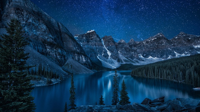 mountain, landscape, trees, reflection, forest, lake, Canada, snow, stars, nature