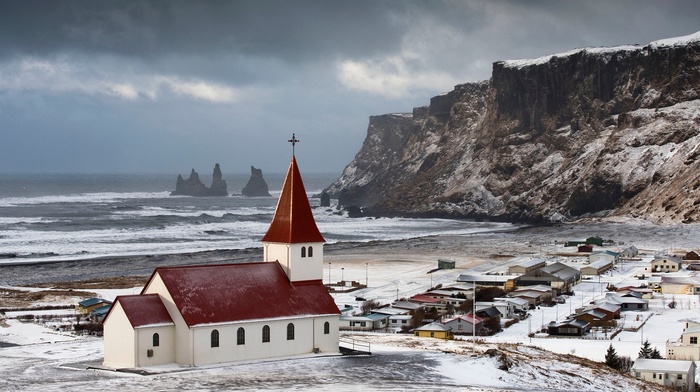 church, vik, landscape, sea, snow, Iceland, cliff, winter