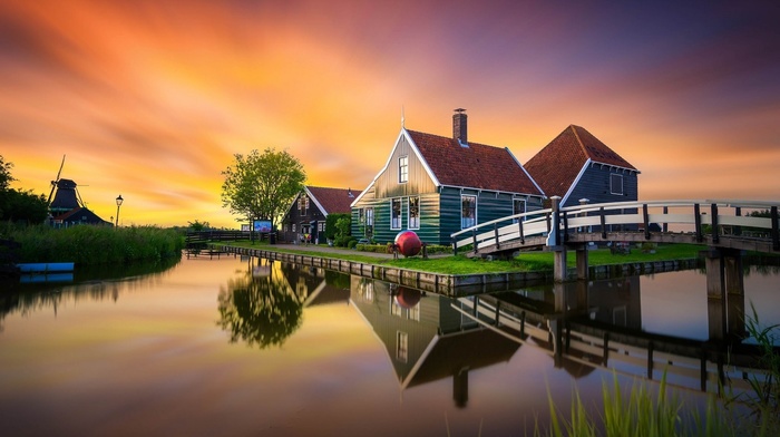 river, house, Netherlands, bridge, sunset, mill, Zaanse Schans