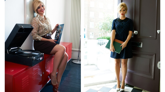 actress, British, stockings, Holly Willoughby, polka dots, door, skirt, long hair, blue eyes, high heels, Gramophone, smiling, vinyl, blonde, collage, blouses, girl, dress, looking at viewer, open mouth