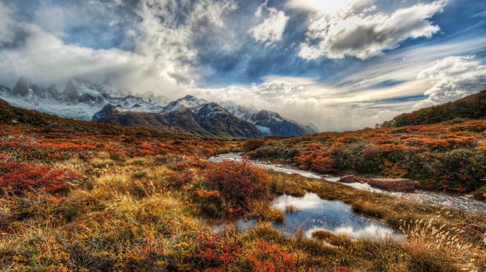 fall, shrubs, nature, mountain, Argentina, snowy peak, sky, clouds, landscape, river