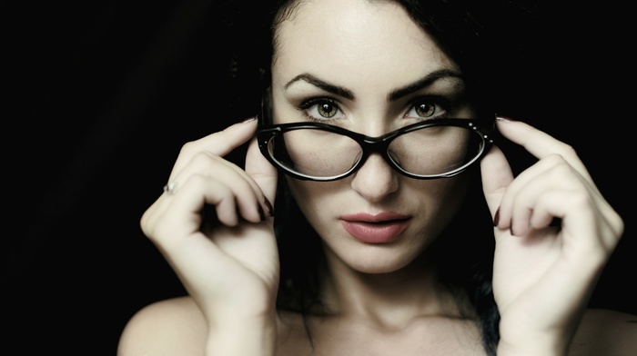 black background, girl with glasses, girl, portrait, face
