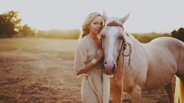 blonde, bracelets, horse, animals, field, girl outdoors