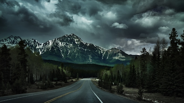 Canada, lines, nature, snowy peak, clouds, road sign, hill, pine trees, mountain, dark, landscape, road, forest, trees