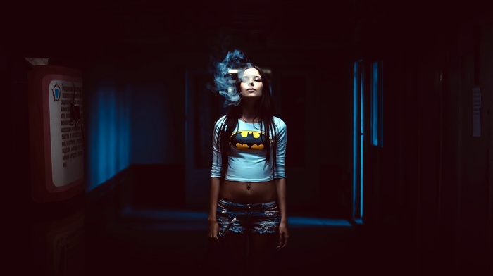 dark, smoking, girl, model, Batman logo