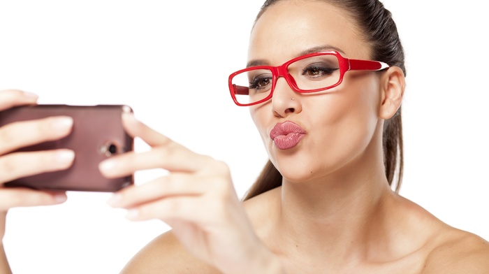 red, glasses, phone, selfies