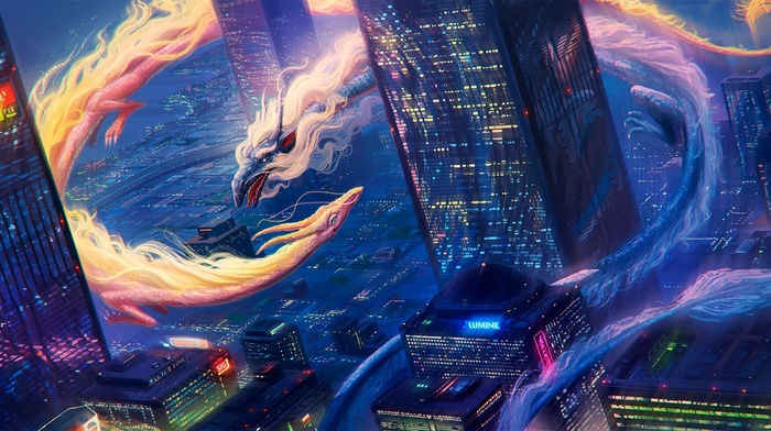 dragon, water, cityscape, fire, yellow, blue