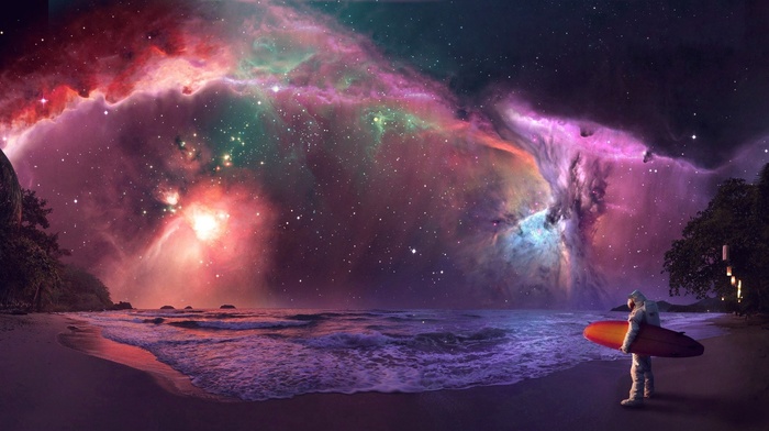 photo manipulation, surfing, science fiction, astronaut, nebula