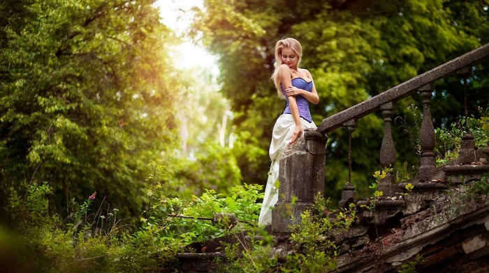 girl outdoors, dress, girl, bare shoulders, long hair, nature, trees, stairs, big boobs, looking down, forest, model, blonde, ruins