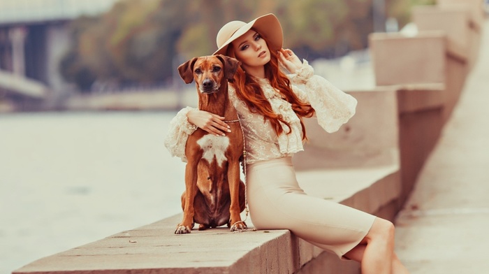 sitting, blouses, hat, street, open mouth, looking at viewer, dog, girl outdoors, skirt, animals, long hair, depth of field, redhead, model, girl