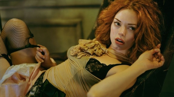 redhead, lingerie, long hair, black bras, girl, actress, open mouth, see, through clothing, looking away, fishnet stockings, black stockings, ripped clothes, Rose McGowan