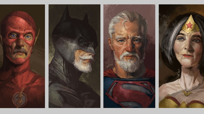 The Flash, Wonder Woman, old, artwork, superhero, old people, Batman, Superman, Flash