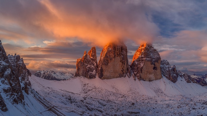 mountain, sunset, snow, nature, clouds, landscape, sunlight, Italy, sky, panoramas