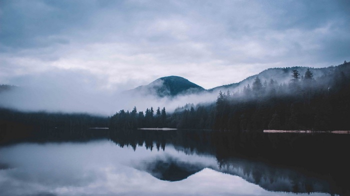 mist, reflection, Canada, morning, nature, landscape, forest, lake, mountain, clouds