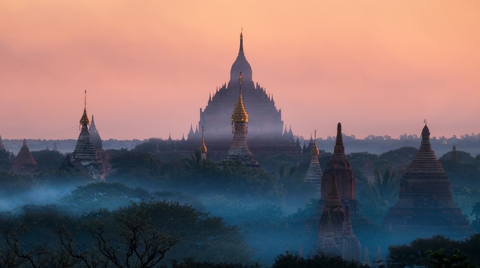 mist, sunlight, tropical forest, temple, buddhism, architecture, blue, sunrise, Myanmar, nature, landscape