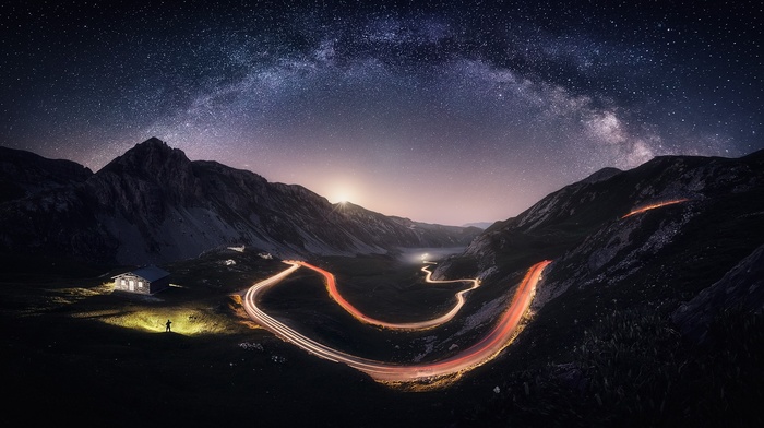 nature, house, road, lights, starry night, Milky Way, long exposure, Italy, landscape, mountain