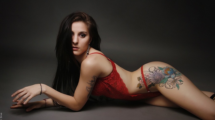 girl, red lingerie, tattoos, ass, simple background