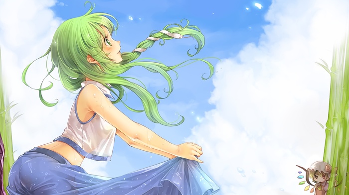 smiling, clouds, see, through clothing, touhou, miko, Kochiya Sanae, sky, green hair