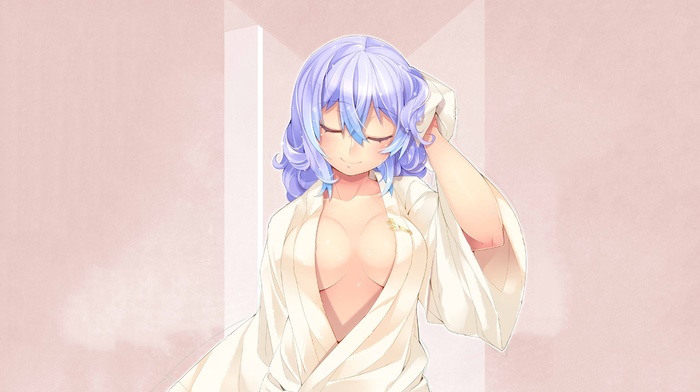cleavage, robes, touhou, blue hair, smiling, Letty Whiterock, towel