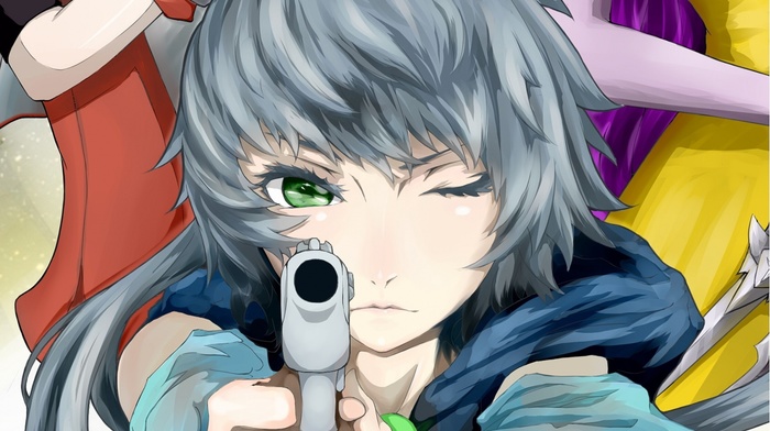 anime, manga, green eyes, gun