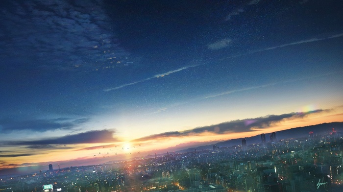 cityscape, sky, sunset, anime