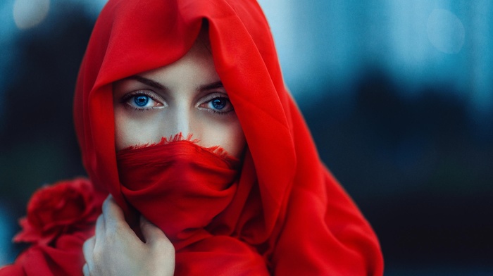 girl, red, blue eyes