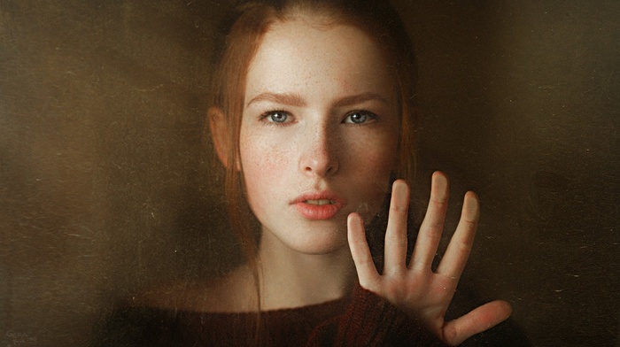 sweater, girl, blue eyes, face, redhead, hand, Georgiy Chernyadyev