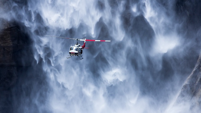 USA, flying, helicopters, Yosemite National Park, nature, rock, waterfall, vehicle