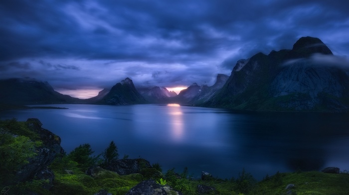 fjord, clouds, sea, mountain, Lofoten Islands, sunlight, sunset, shrubs, landscape, grass, Norway, sky, nature