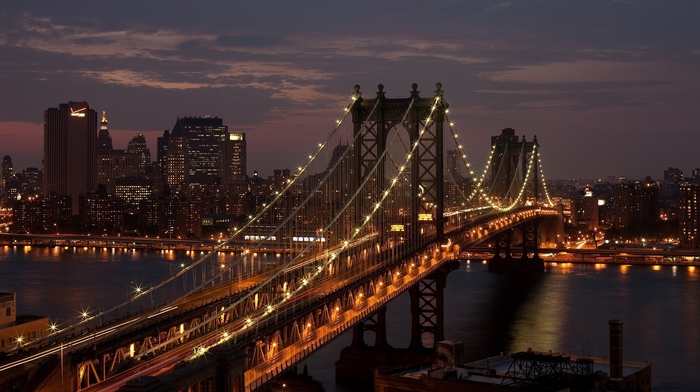 bridge, night, New York City, city, manhattan bridge, USA