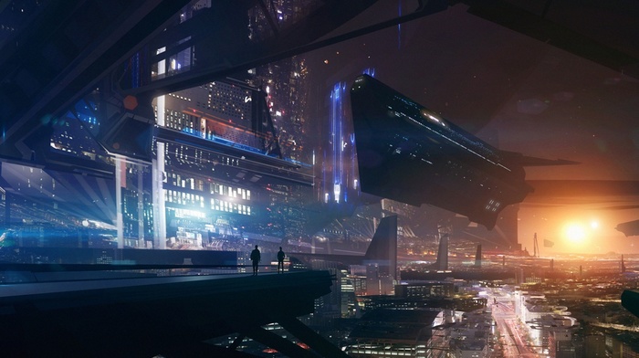 futuristic, spaceship, lights, Mass Effect, future city, fantasy art, space