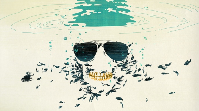 skull, glasses, abstract, artwork, water