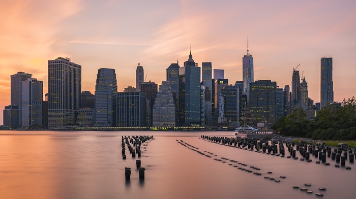 cityscape, skyline, sunset, Manhattan, New York City, water