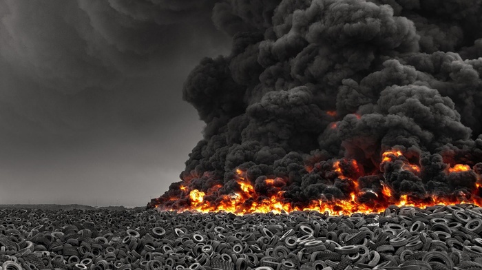 pollution, environment, smoke, selective coloring, disaster, burning, tires, fire