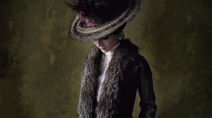 brunette, girl, feathers, walls, long hair, vintage, fur, hat, model, Luc Besson, movie poster, closed eyes