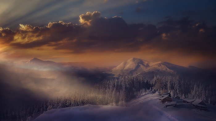 Alps, nature, mist, Italy, landscape, winter, mountain, sunlight, cabin, clouds, sunset, snow, forest, sky, snowy peak